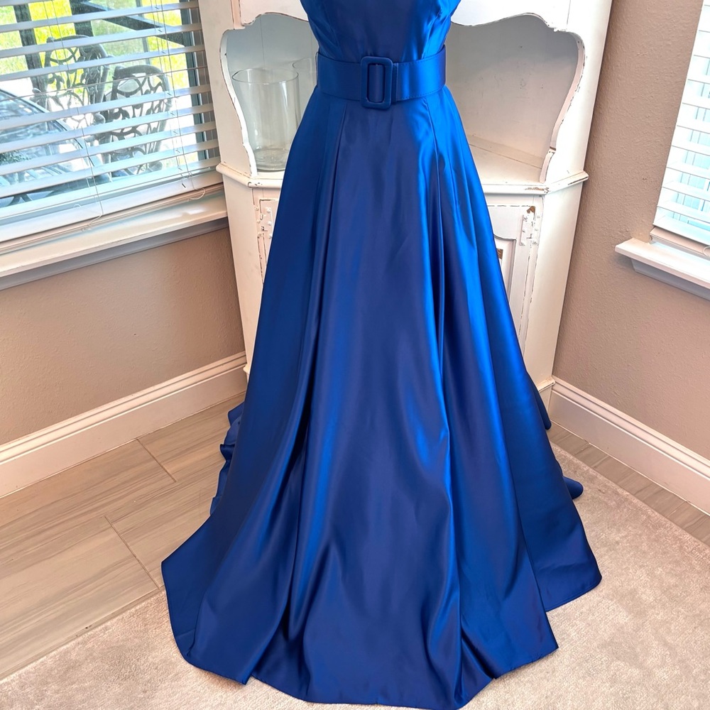 NEW, Royal Blue Dress, Blue Satin Dress, Prom, Dress with Belt NWOT, Size XS/0-2 - Picture 5 of 14